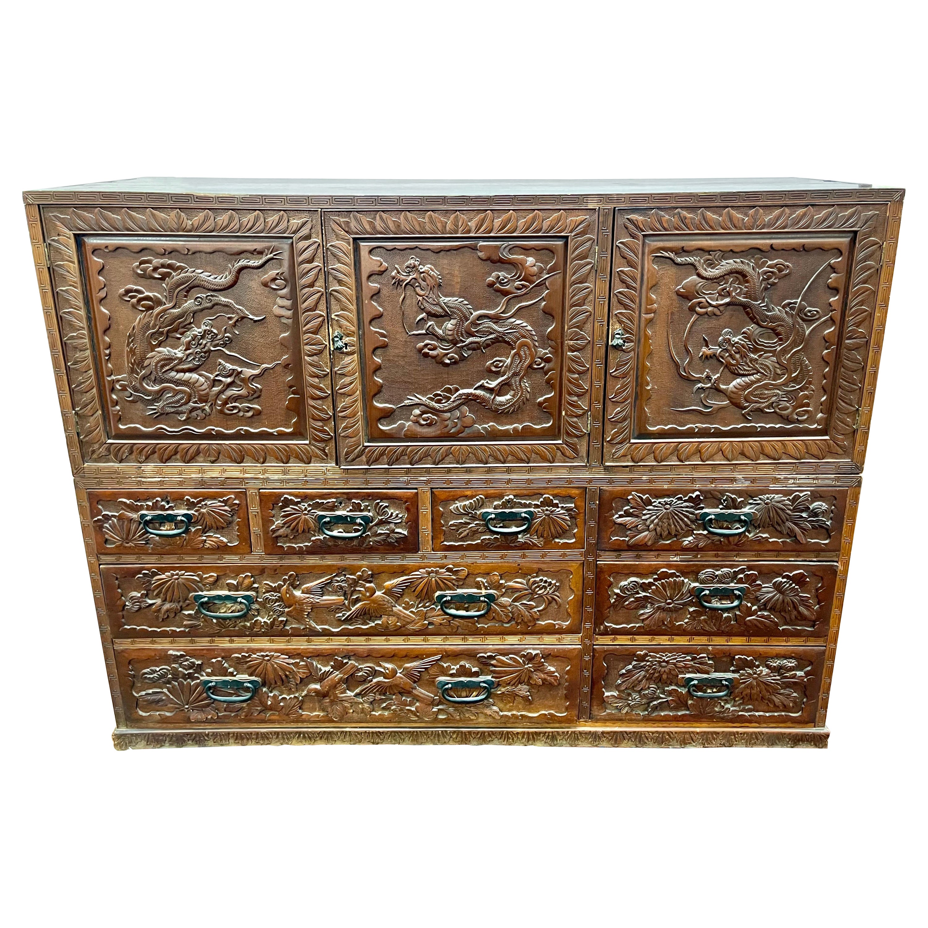 Intricately Carved Antique Asian Two-Piece Cabinet