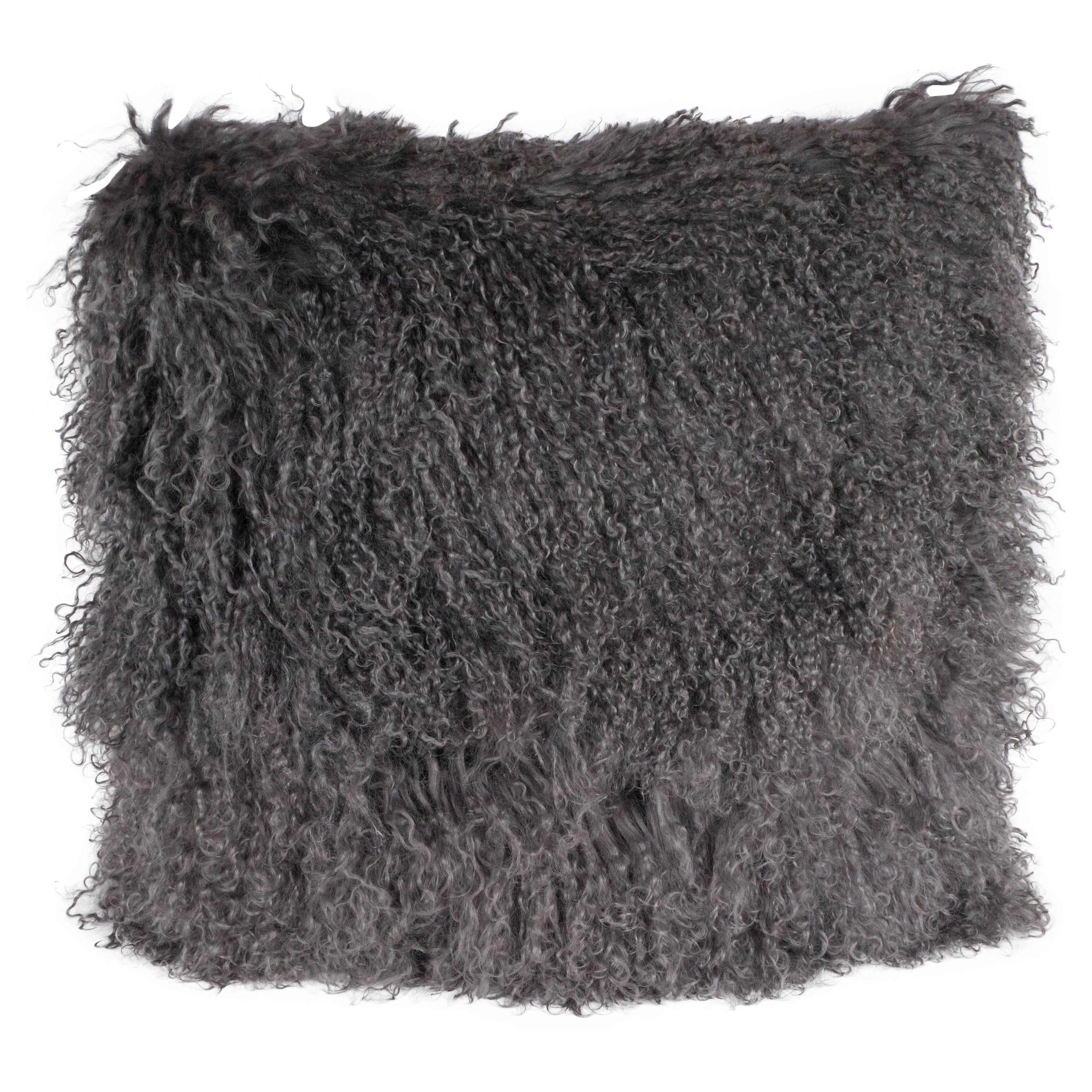 Handmade Custom Mongolian Lamb Pillow in Slate Gray with Cashmere Wool Backing For Sale