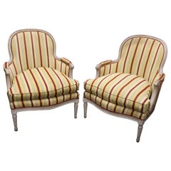 Fine Distressed Painted French Louis XVI Bergere Chairs Circa 1940