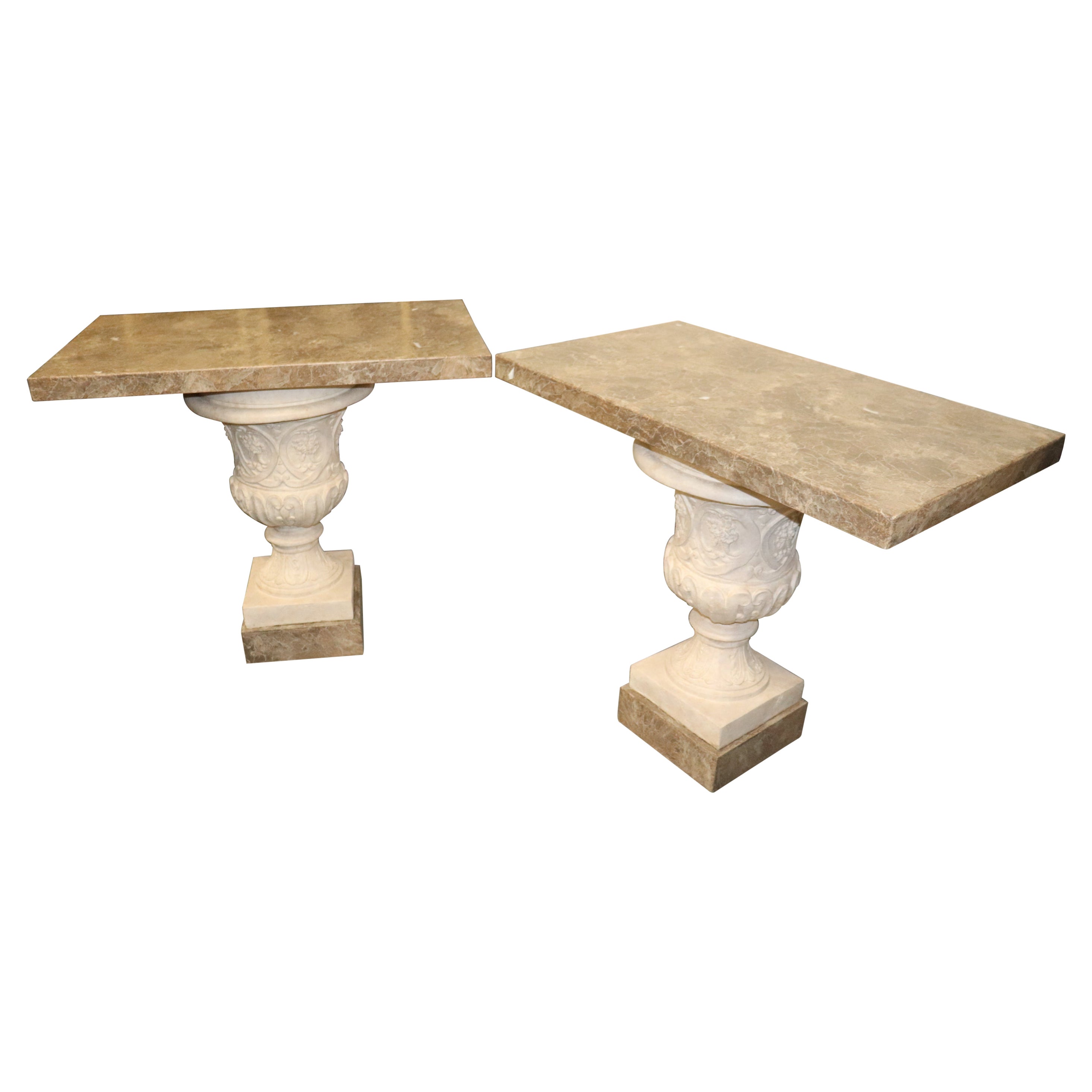 Fine Pair Italian Neoclassical Style Faux Marble Urn Console Tables For Sale