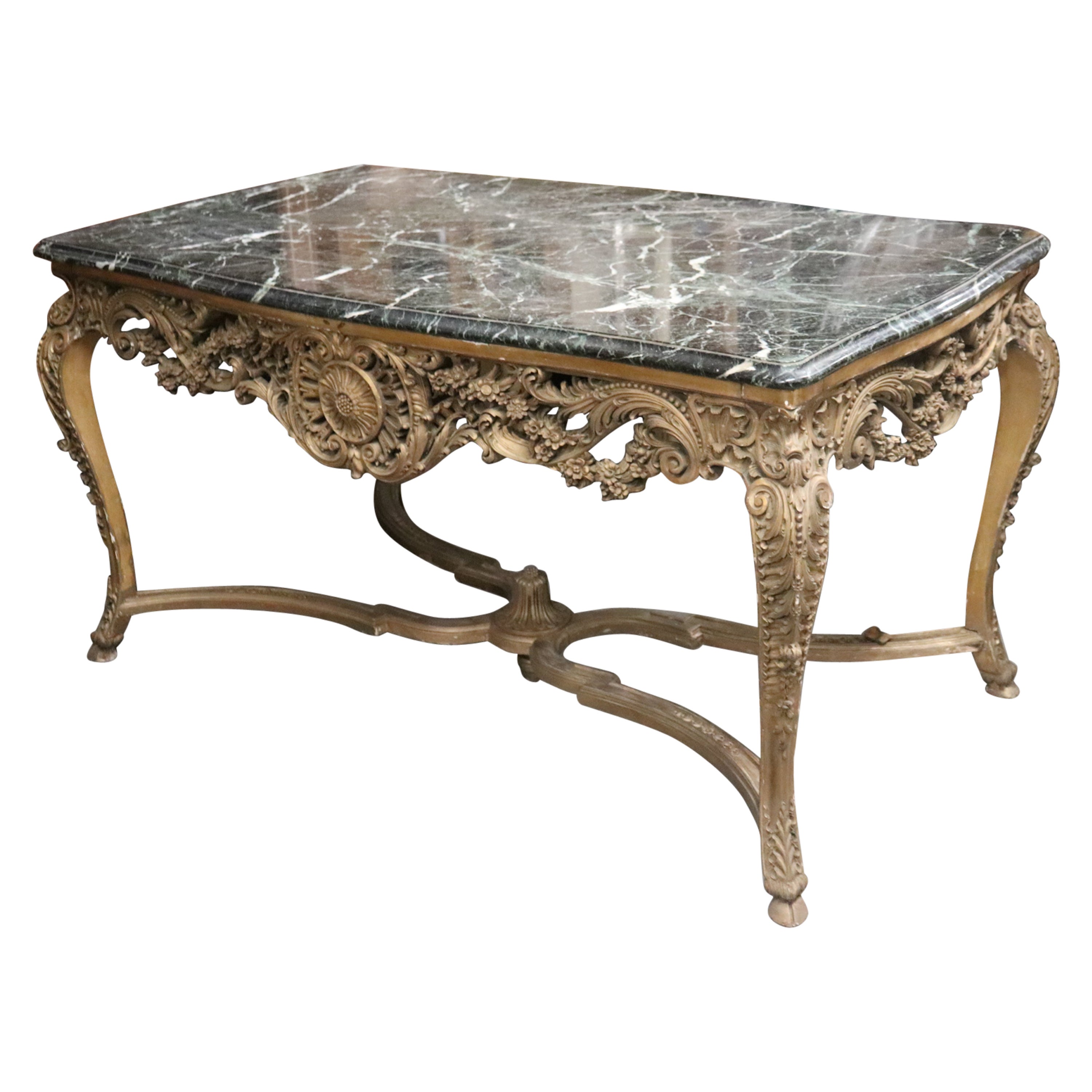 Finely Carved Gilded French Verdi Green Marble Louis XV Center Table circa 1890s For Sale
