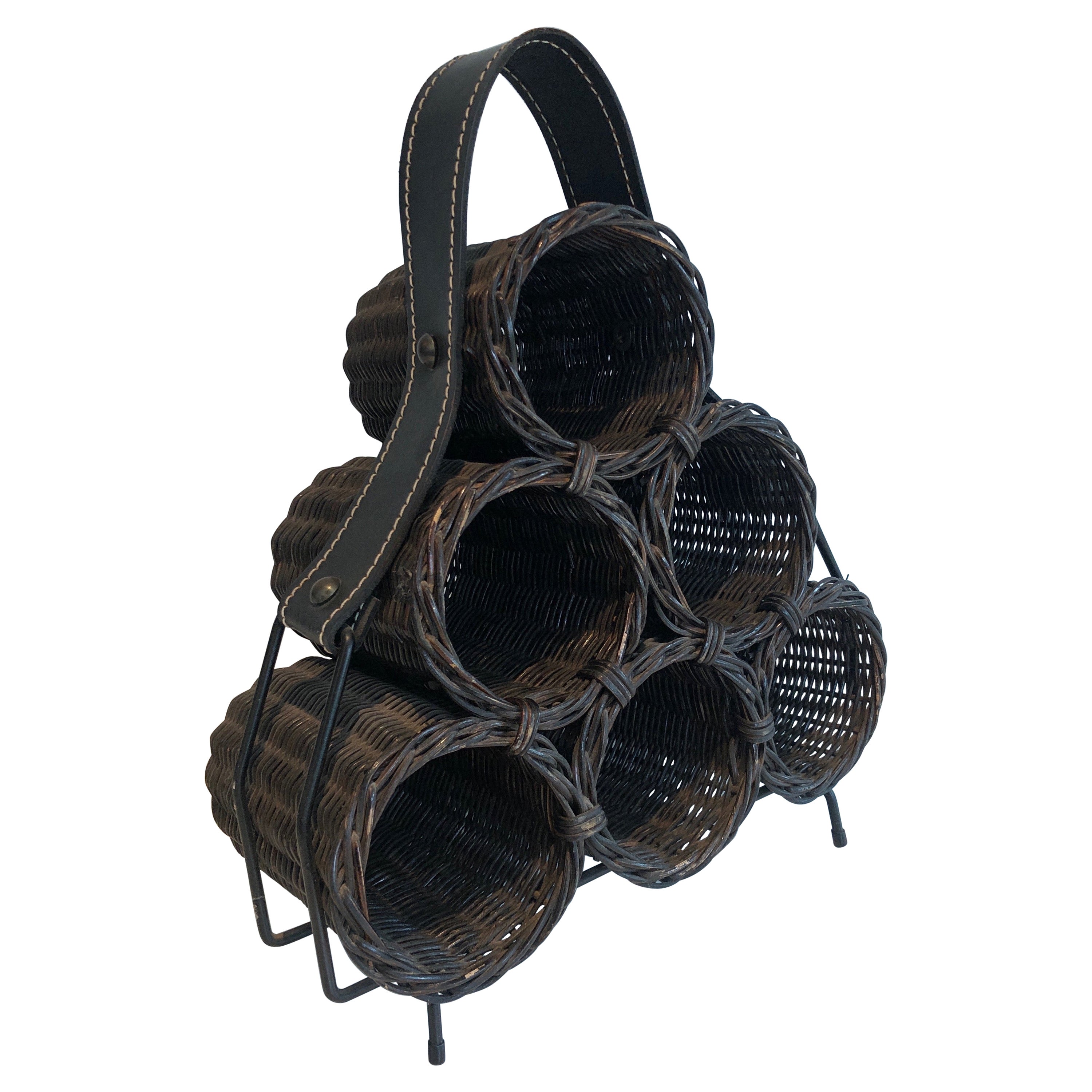 Rattan and Leather Bottles Holder, French Work, circa 1970 For Sale