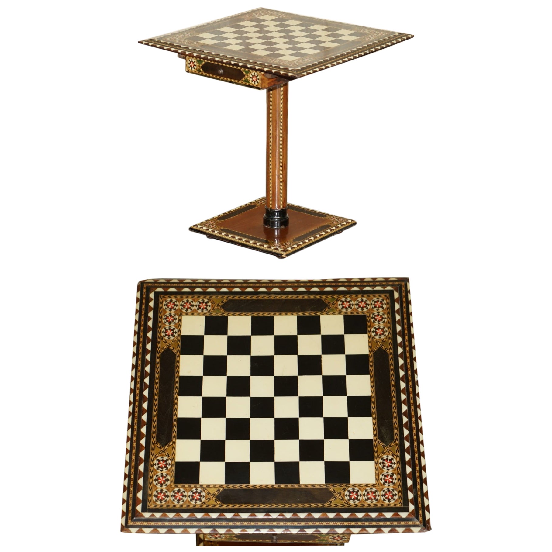 Atemberaubender antiker anglo-indischer Schachbrettspieltisch mit zwei Schubladen, um 1920