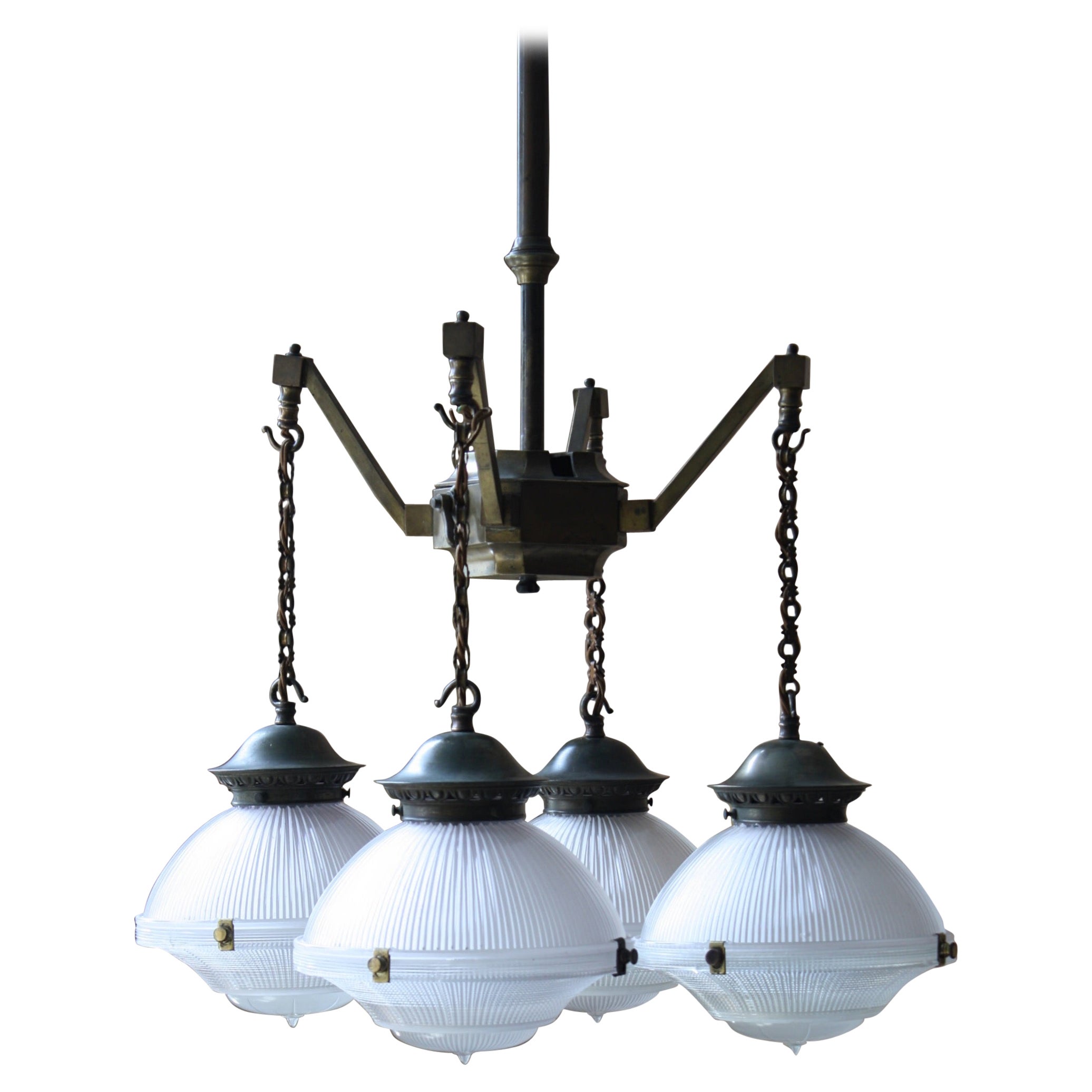 Early 20th Century Holophane Medical Brass Chandelier Lantern Pendant Light  For Sale