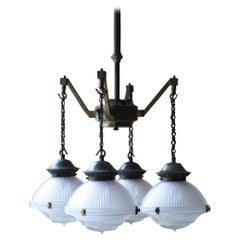 Early 20th Century Holophane Medical Brass Chandelier Lantern Pendant Light 