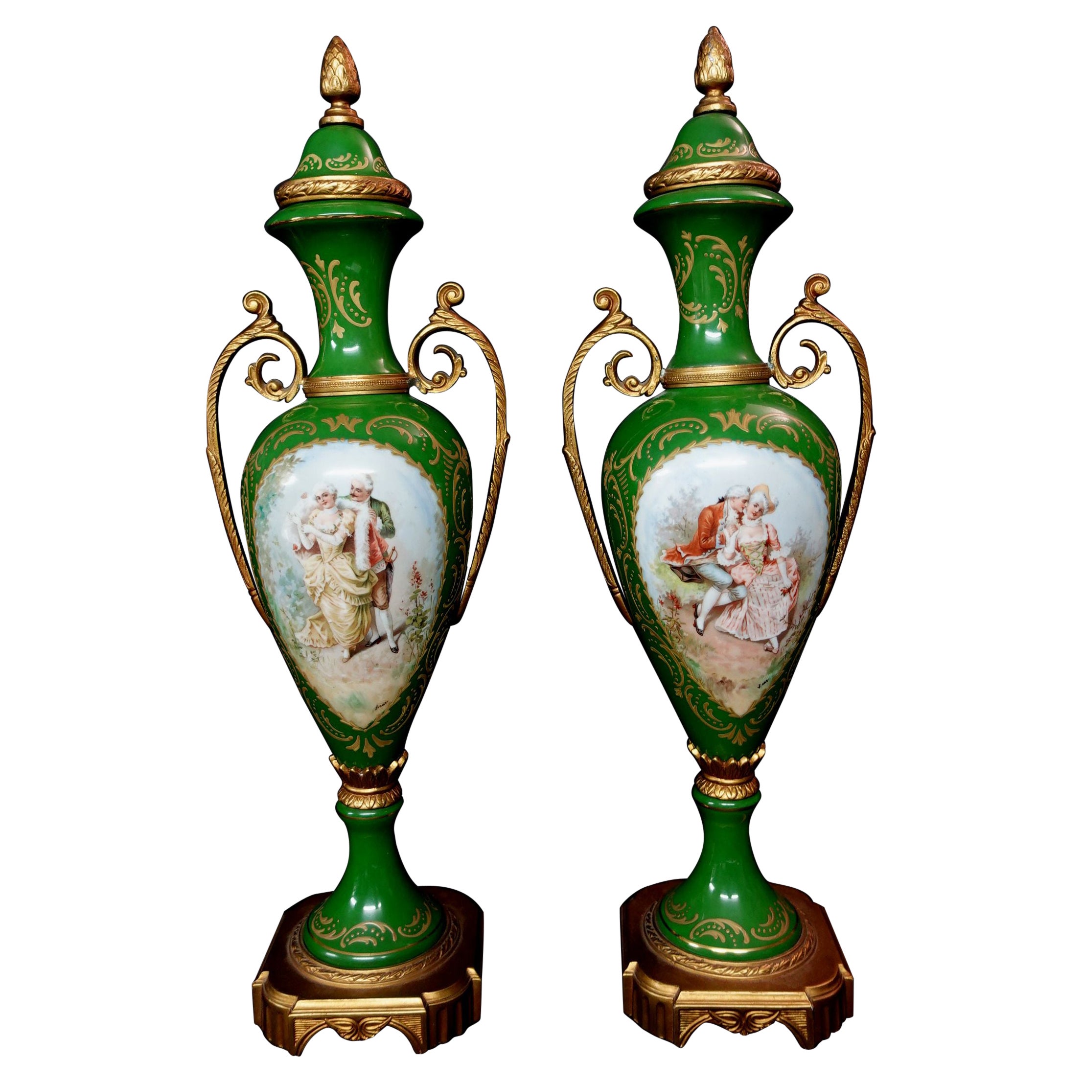Antique 19th Matching Green Bolted Urns with Amorous Cenes, Ric00021 For Sale