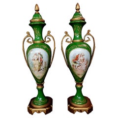 Antique 19th Matching Green Bolted Urns with Amorous Cenes, Ric00021