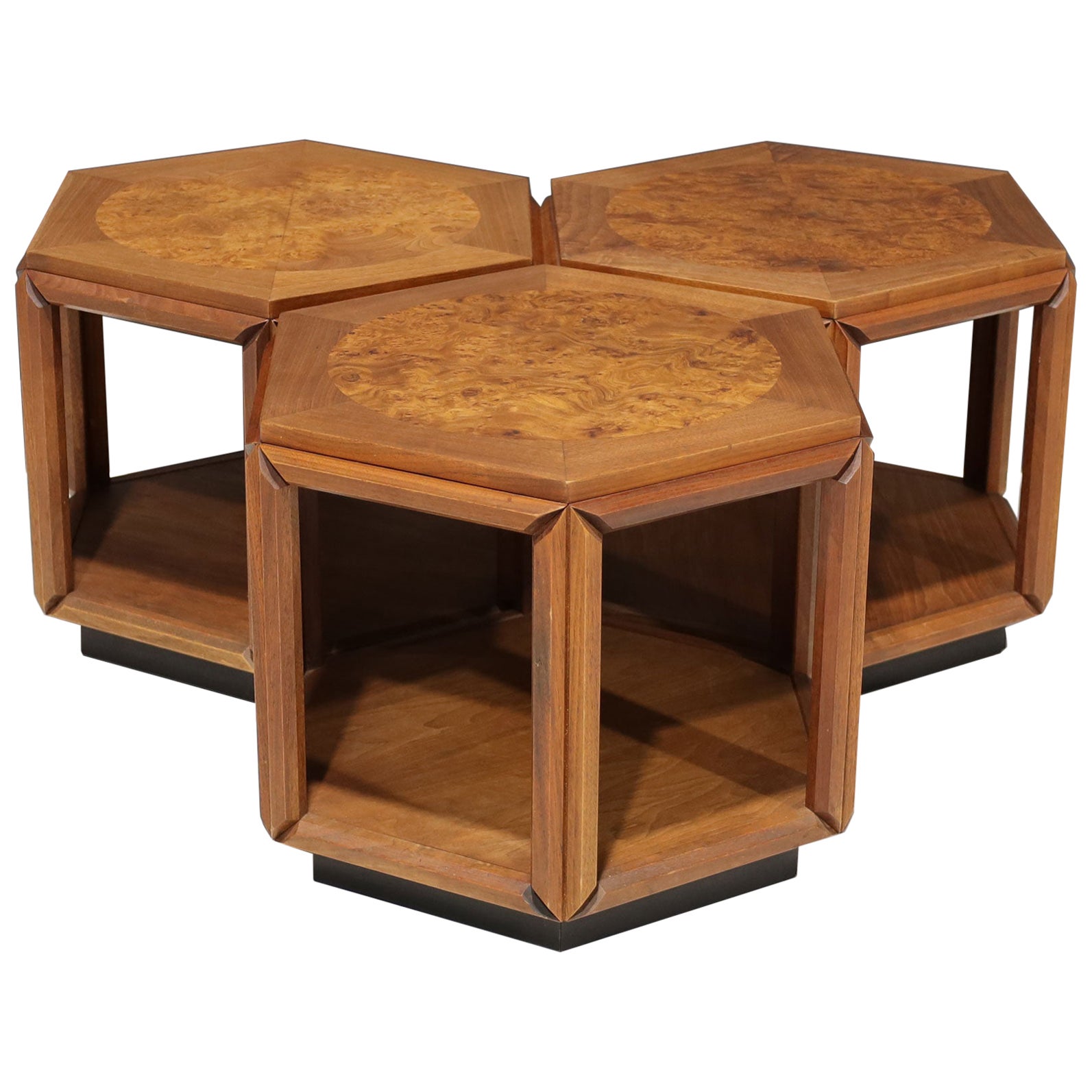 John Keal for Brown Saltman Set of Three Walnut and Burl Cocktail Tables, 1970s For Sale