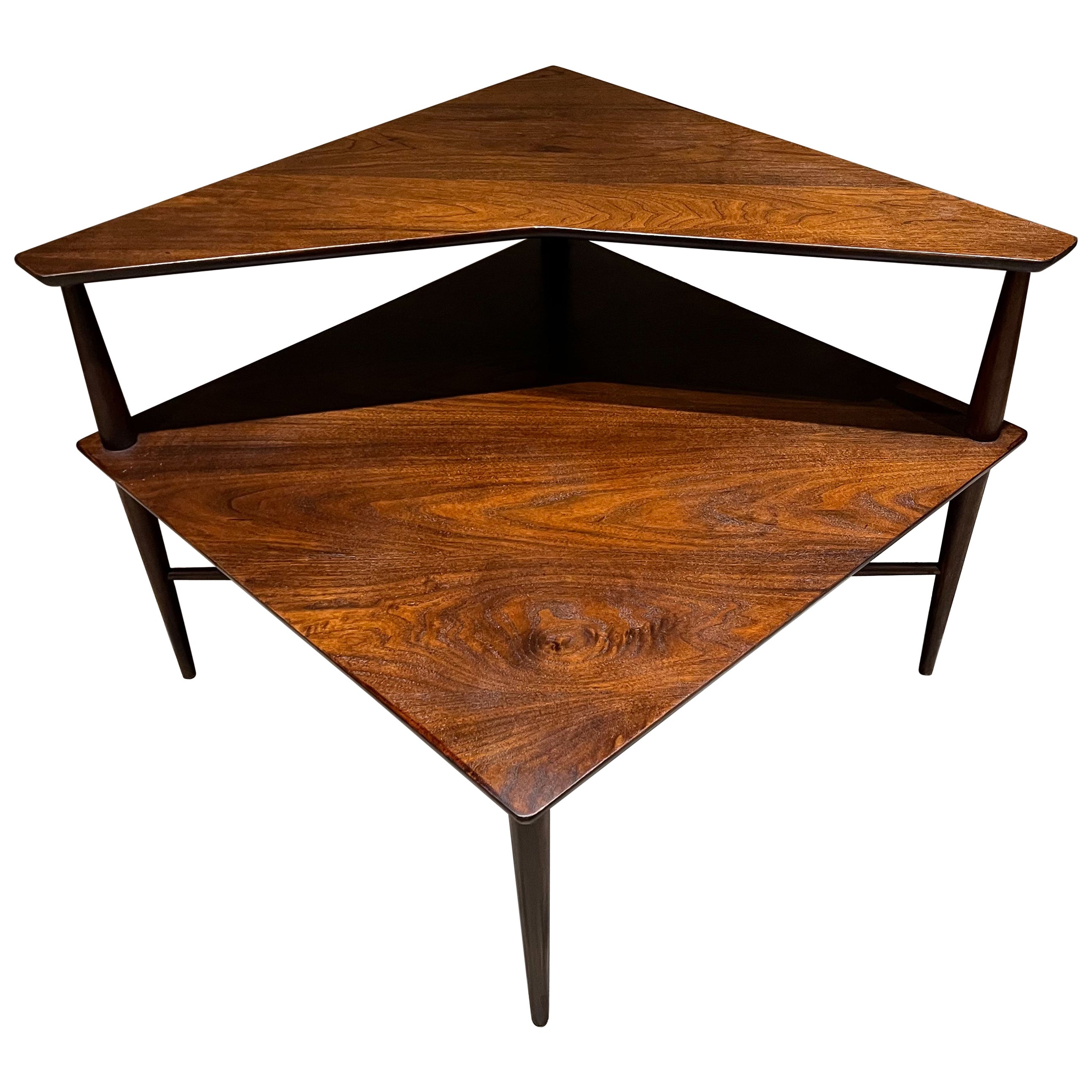 1950s Stylish Heritage Henredon Tiered Corner End Table in Walnut Wood For Sale