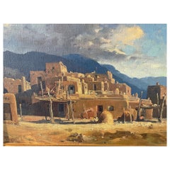 Vintage Original Oil on Board Pueblo Landscape by Ralph Love