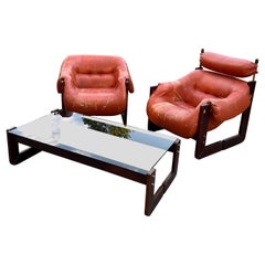 Pair of Rosewood Leather Lounge Chairs by Percival Lafer w/ Coffee Table