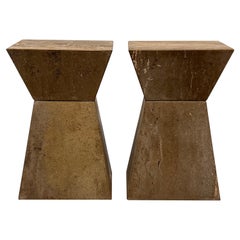 Geometric Faceted Italian Travertine Pedestal Tables, a Pair
