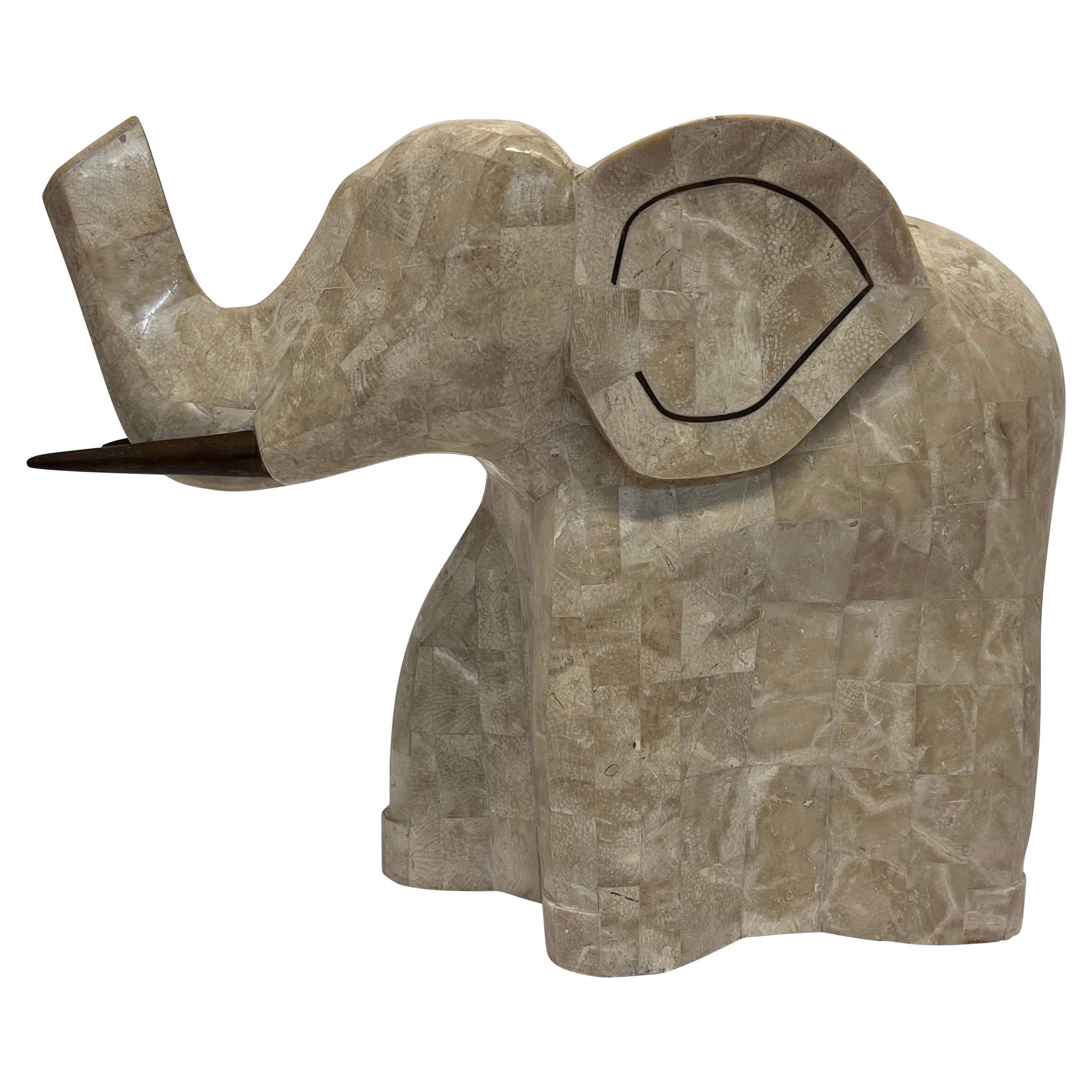 Tessellated Marble Stone and Brass Inlay Elephant Sculpture
