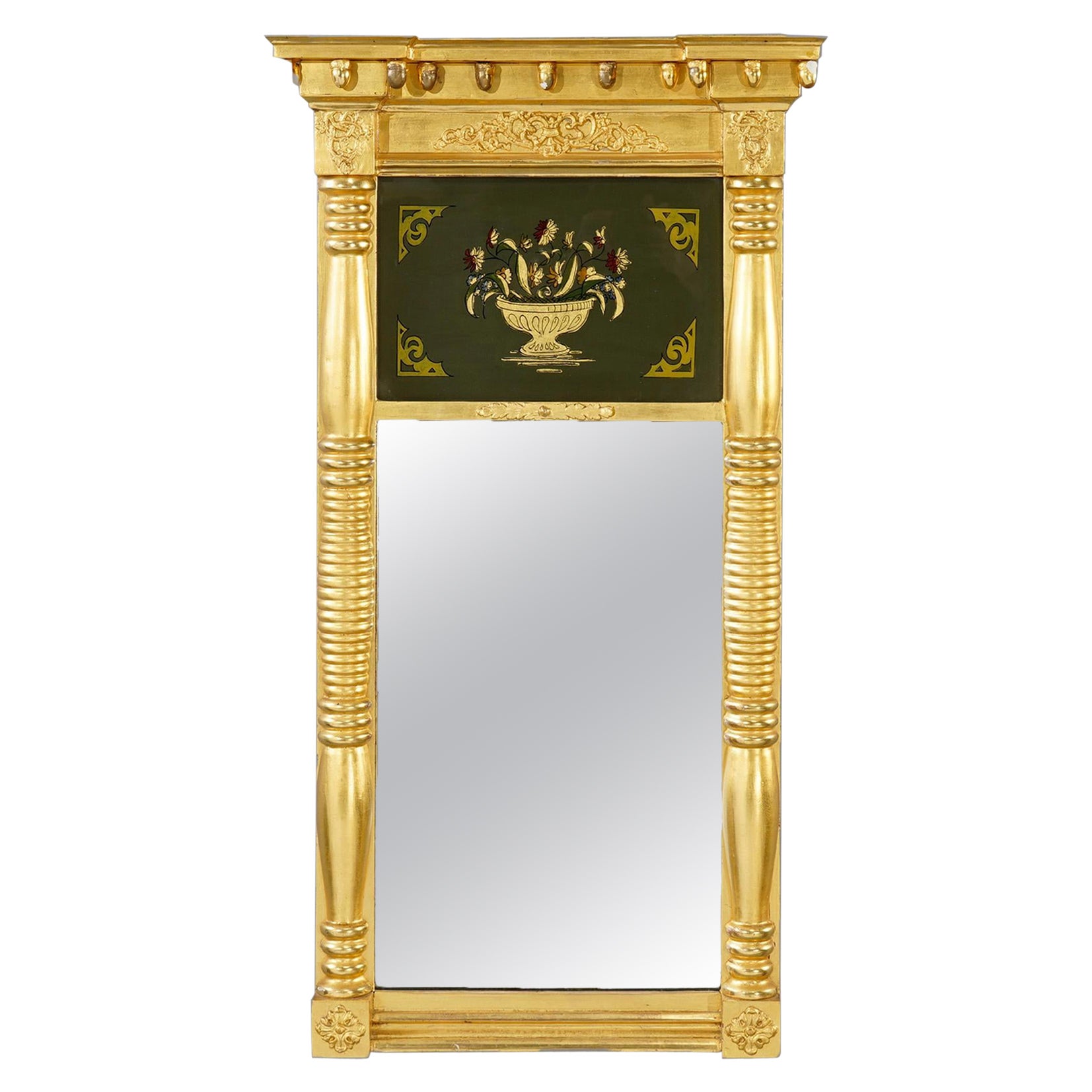Antique Empire Reverse Painted Still Life Giltwood Trumeau Wall Mirror 19th C For Sale