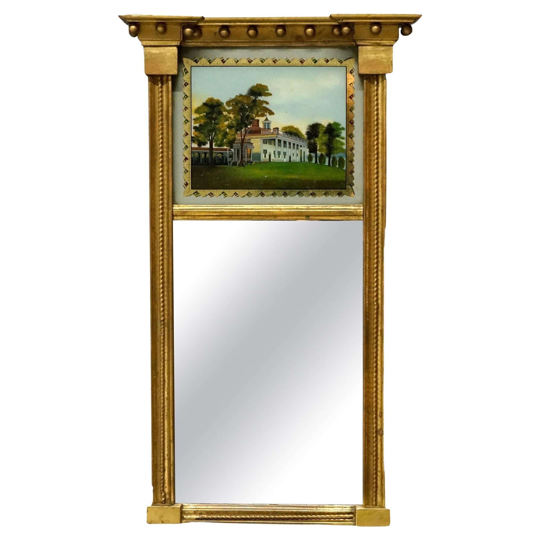 Antique Empire Reverse Painted Adams Style Giltwood Trumeau Wall Mirror 19th C