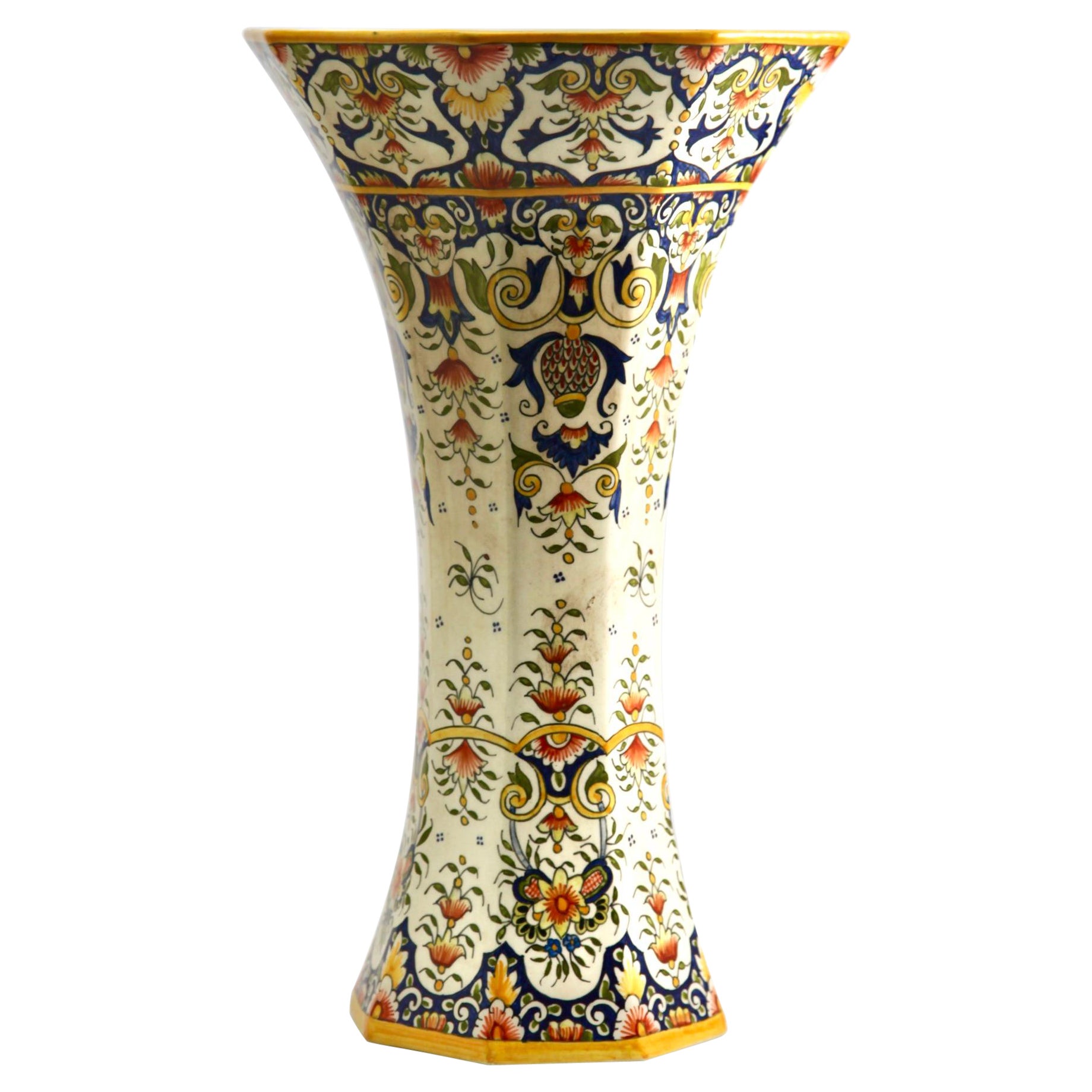 Early 20th Century French Hand-Painted Faience Large Vasse from Rouen