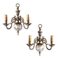 Coppia di lampade Hollandaise in bronzo argentato a 2 luci
