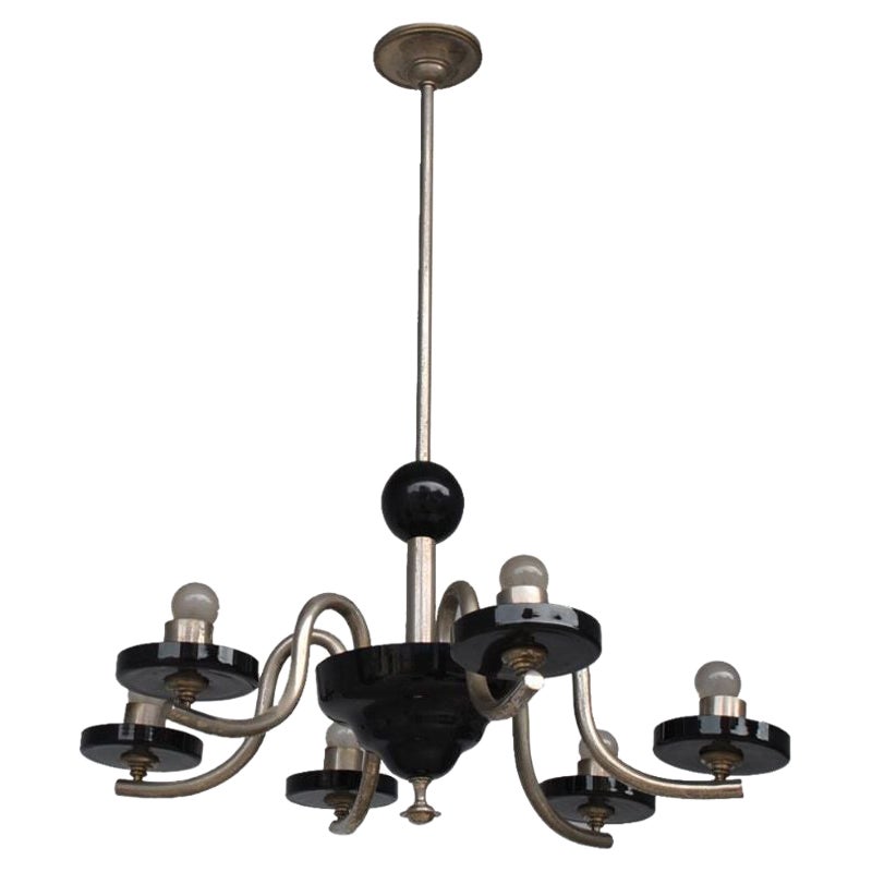 Chandelier 1930 Tubular Arms with 6 Lights Cups in Black Opaline For Sale
