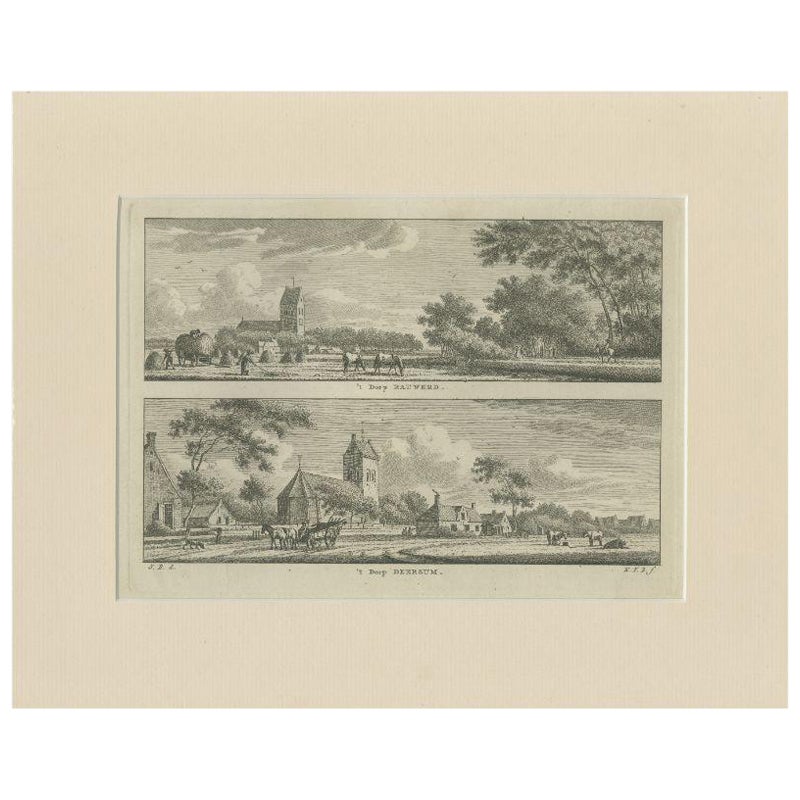 Stampa antica dei villaggi di Rauwerd e Deersum in Frisia, 1790 ca.