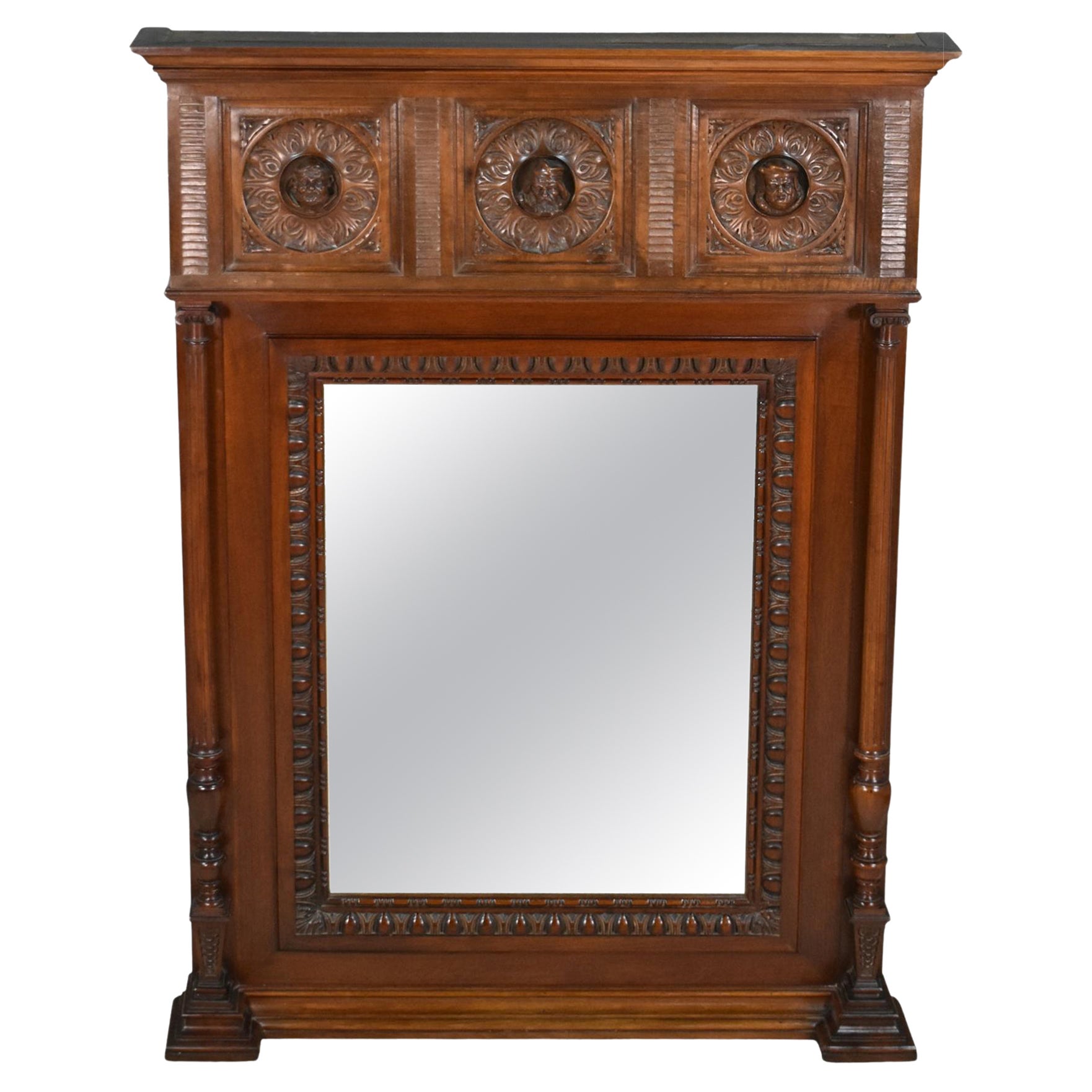 Antique French Mahogany Overmantel Mirror Henri II For Sale