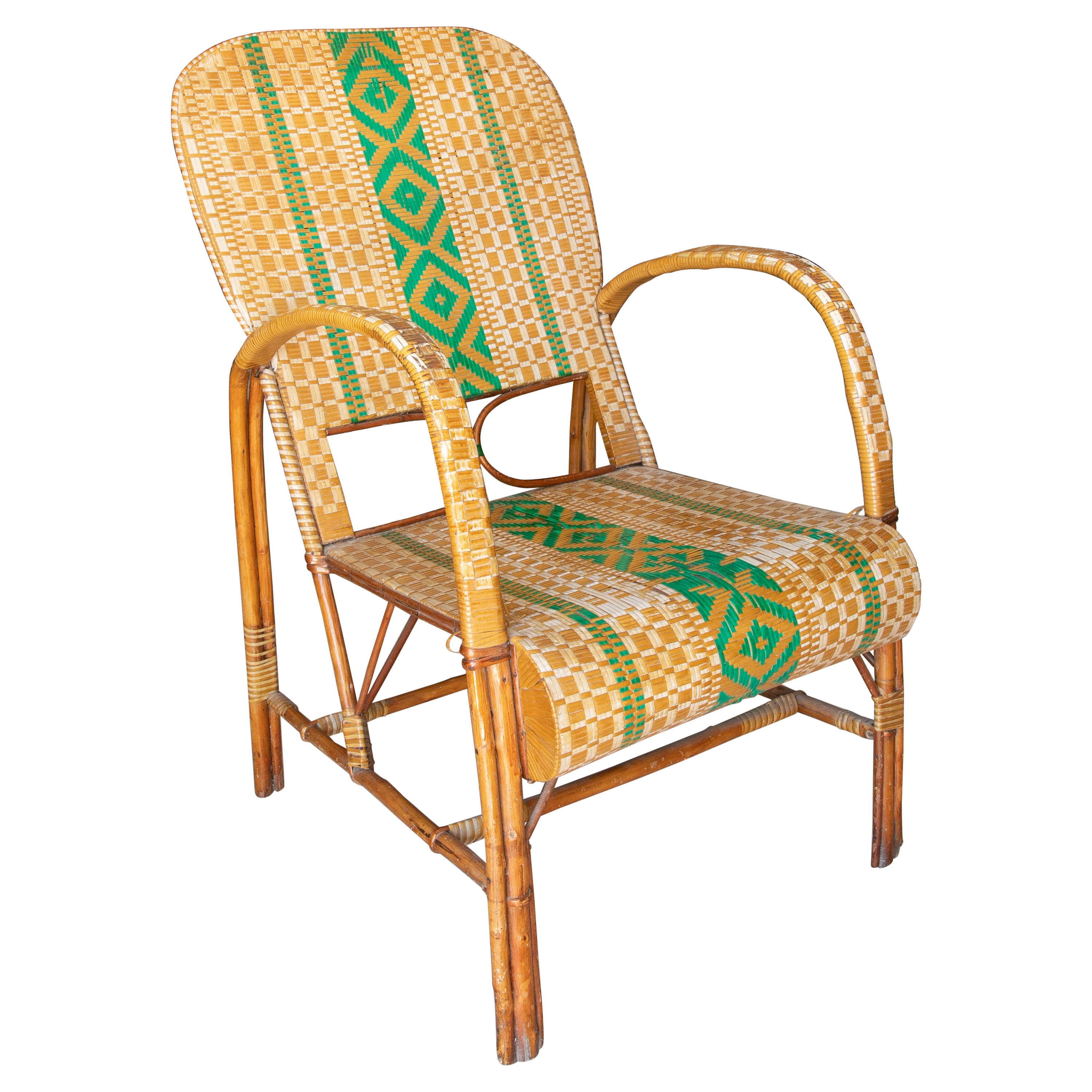 Handmade Wooden, Wicker and Plastic Armchair in White and Green colour  For Sale