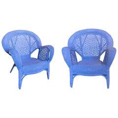 Retro Pair of Handmade Bamboo and Wicker Armchairs with Wide Backrest