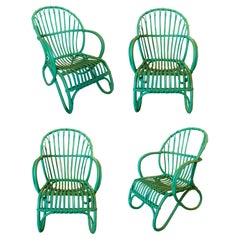 Ensemble de quatre fauteuils en bambou peints en vert, fabriqués à la main, années 1980