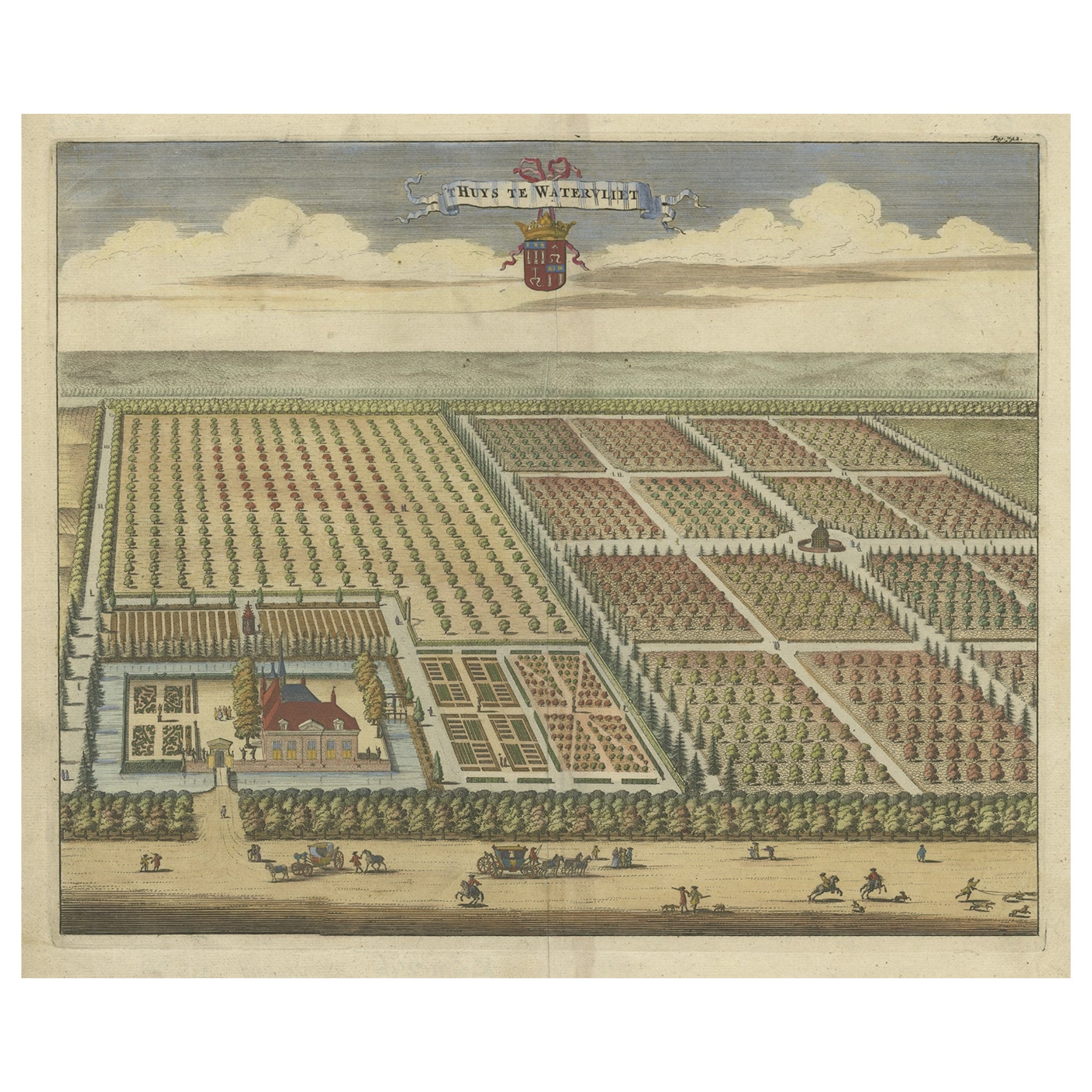 Ancienne estampe colorée à la main du domaine Watervliet dans l'East Flanders, Belgique, 1696