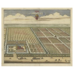 Ancienne estampe colorée à la main du domaine Watervliet dans l'East Flanders, Belgique, 1696