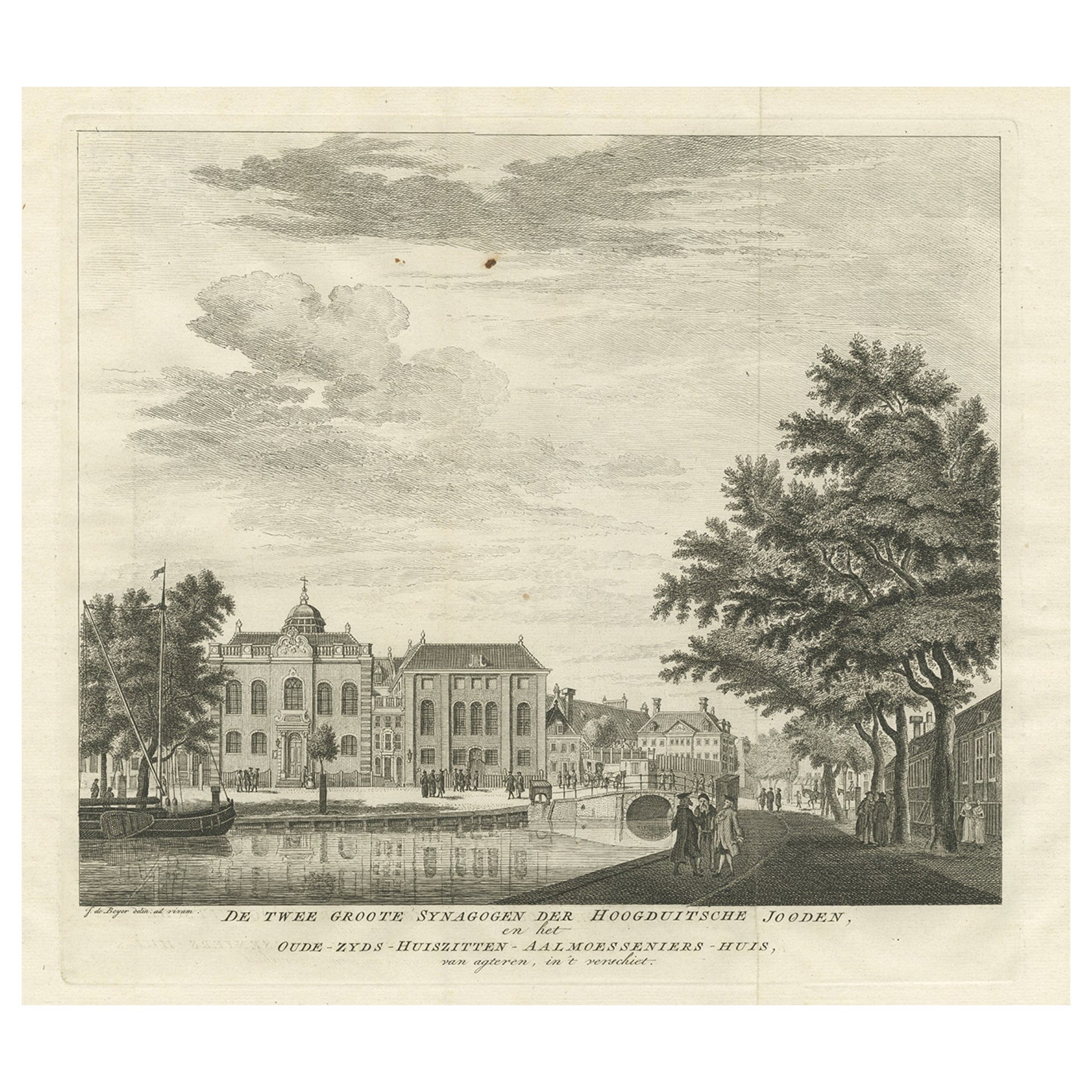 Antiker Druck von zwei jüdischen Synagogen in Amsterdam, Niederlande, um 1760