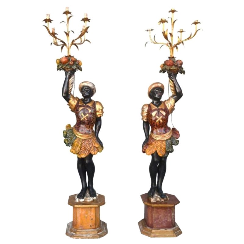 Torchieres in Polychrome Lacquered Wood Venetian or Nubian Style For Sale