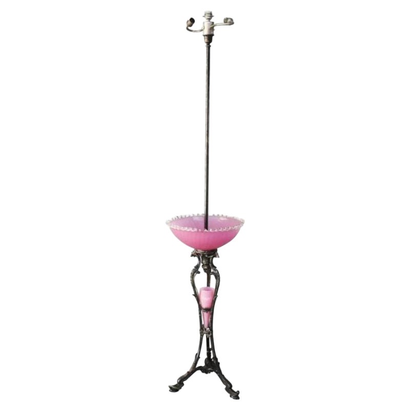 Rare Floor Lamp in Silver Metal and Pink Opaline by Maison Christofle, Period 19 For Sale
