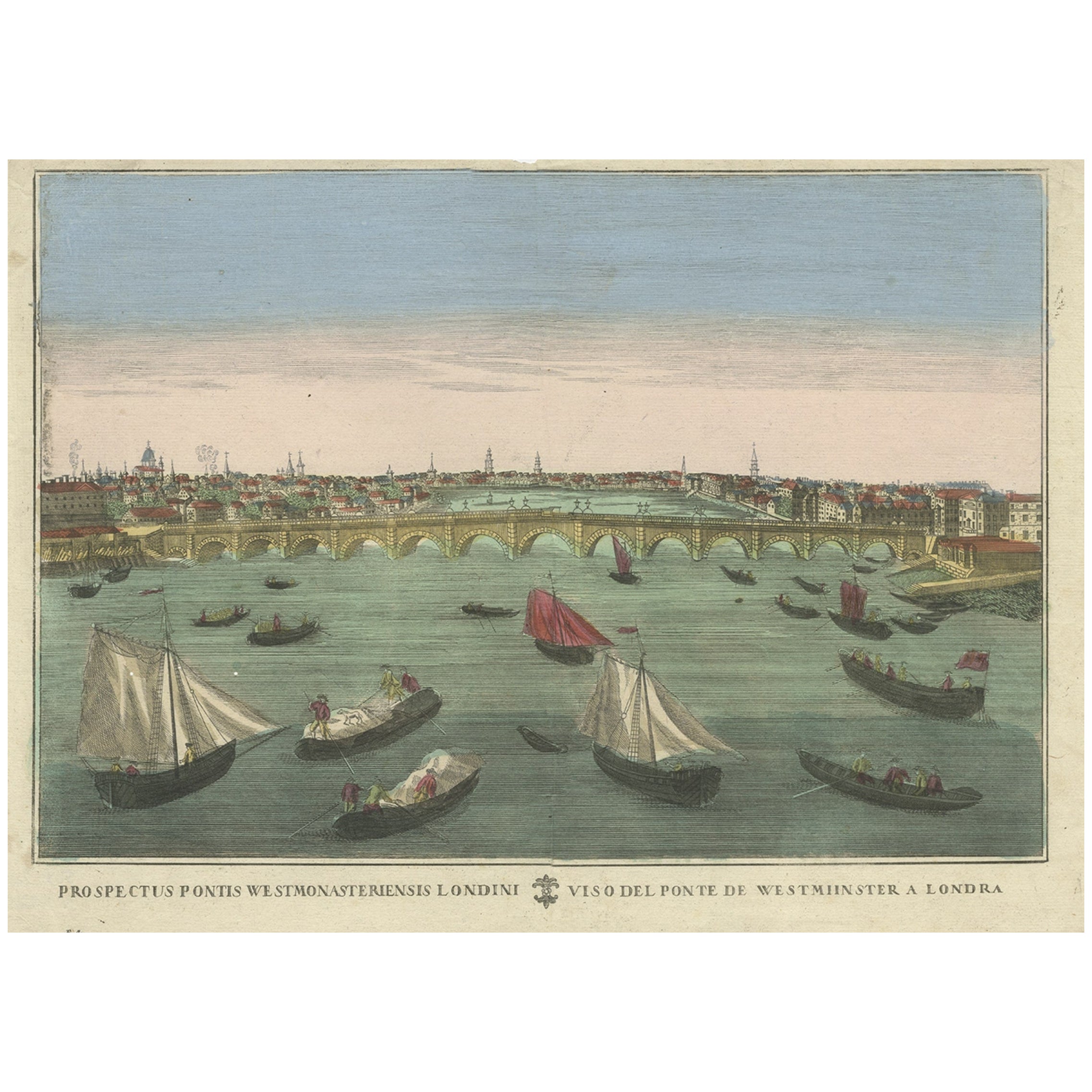 Impresión óptica antigua del puente de Westminster en Londres, c.1770