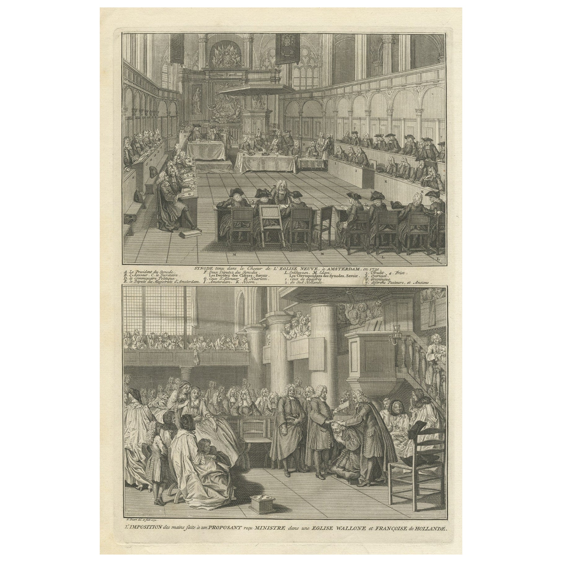 Engraving of a Meeting of the Dutch Synode in Amsterdam, The Netherlands, 1732 For Sale