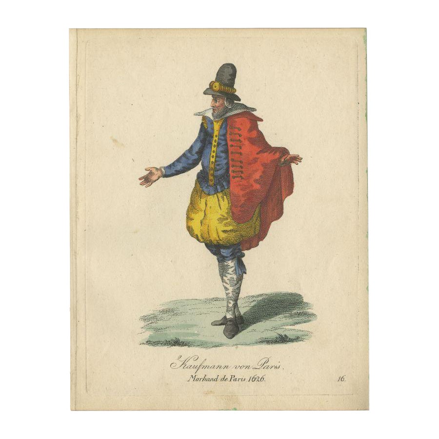 Rare gravure ancienne colorée à la main d'un marchand de Paris, France, 1805
