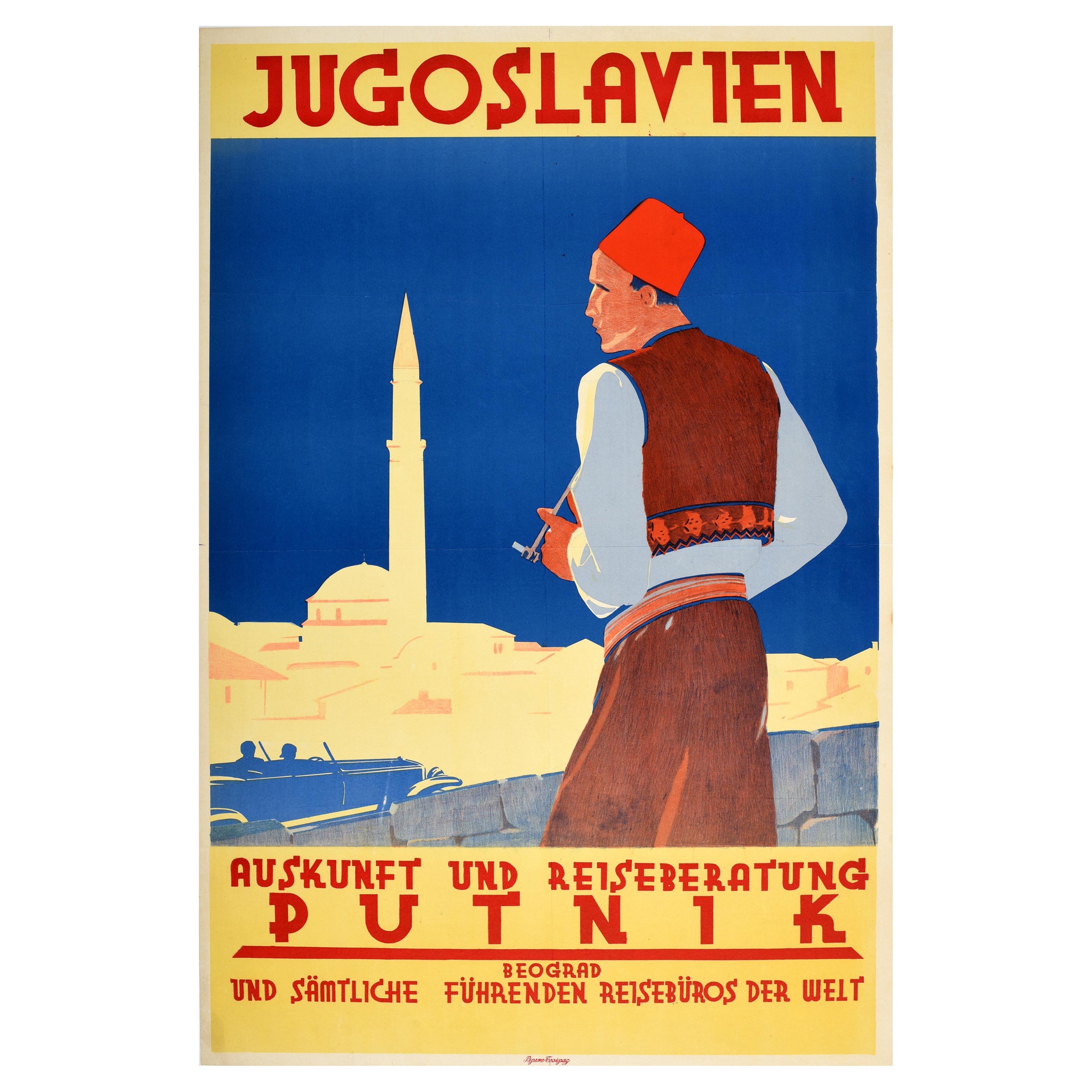 Original Vintage Travel Poster Advertising Putnik Yugoslavia Belgrade Art Deco For Sale