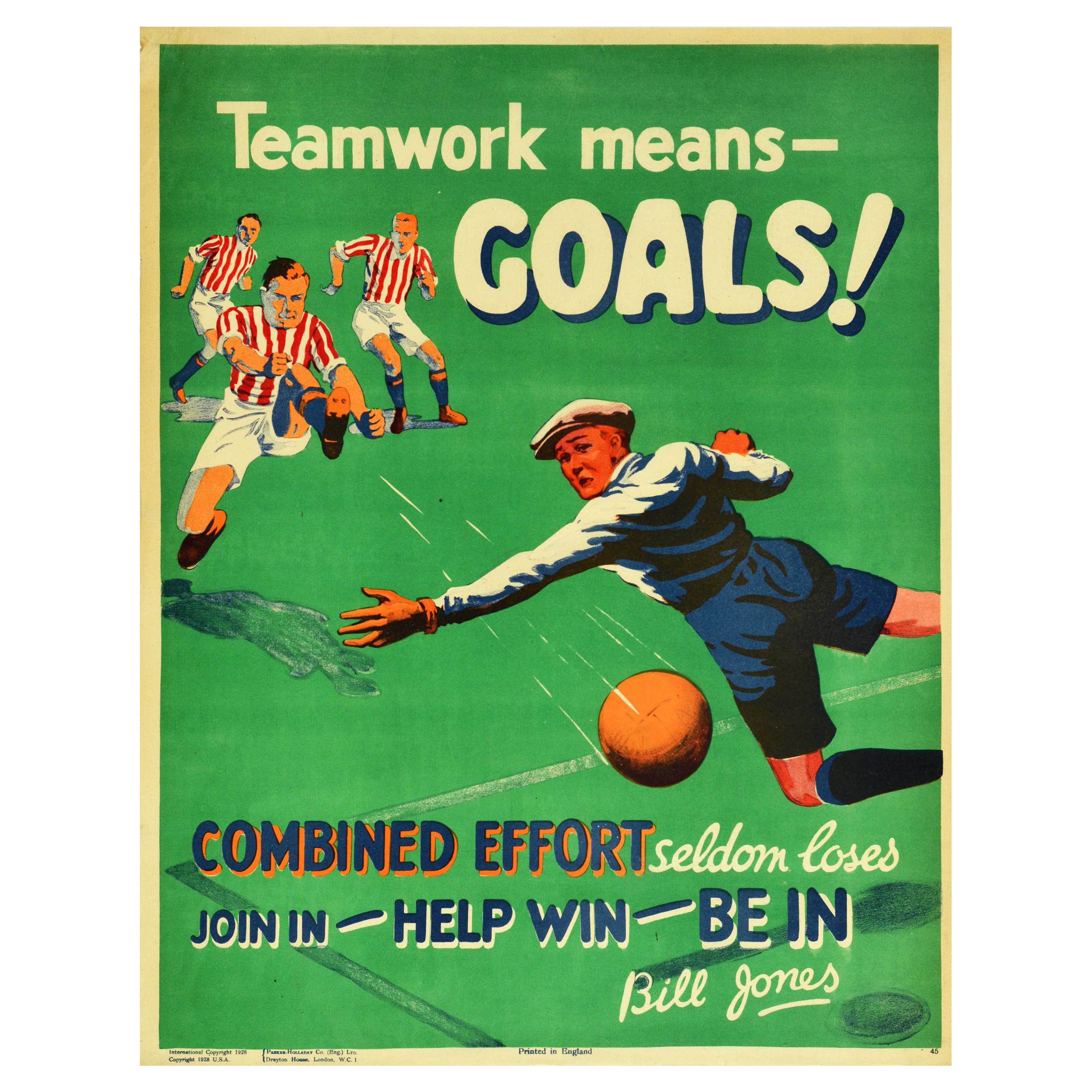 Original Vintage Workplace Motivation Poster Teamwork Means Goals Football Sport