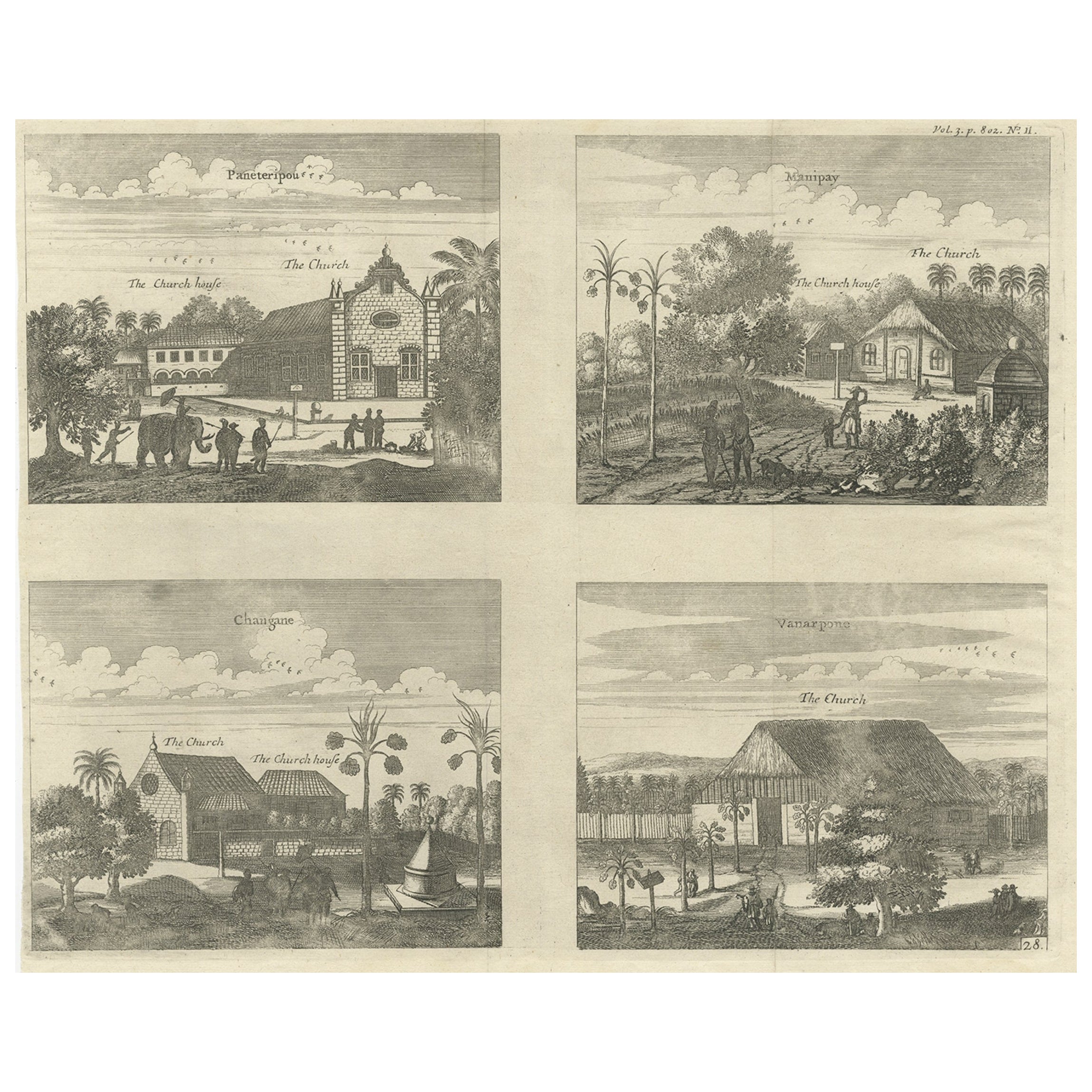 Impression ancienne de diverses églises sur Ceylan ou aujourd'hui Sri Lanka, 1704