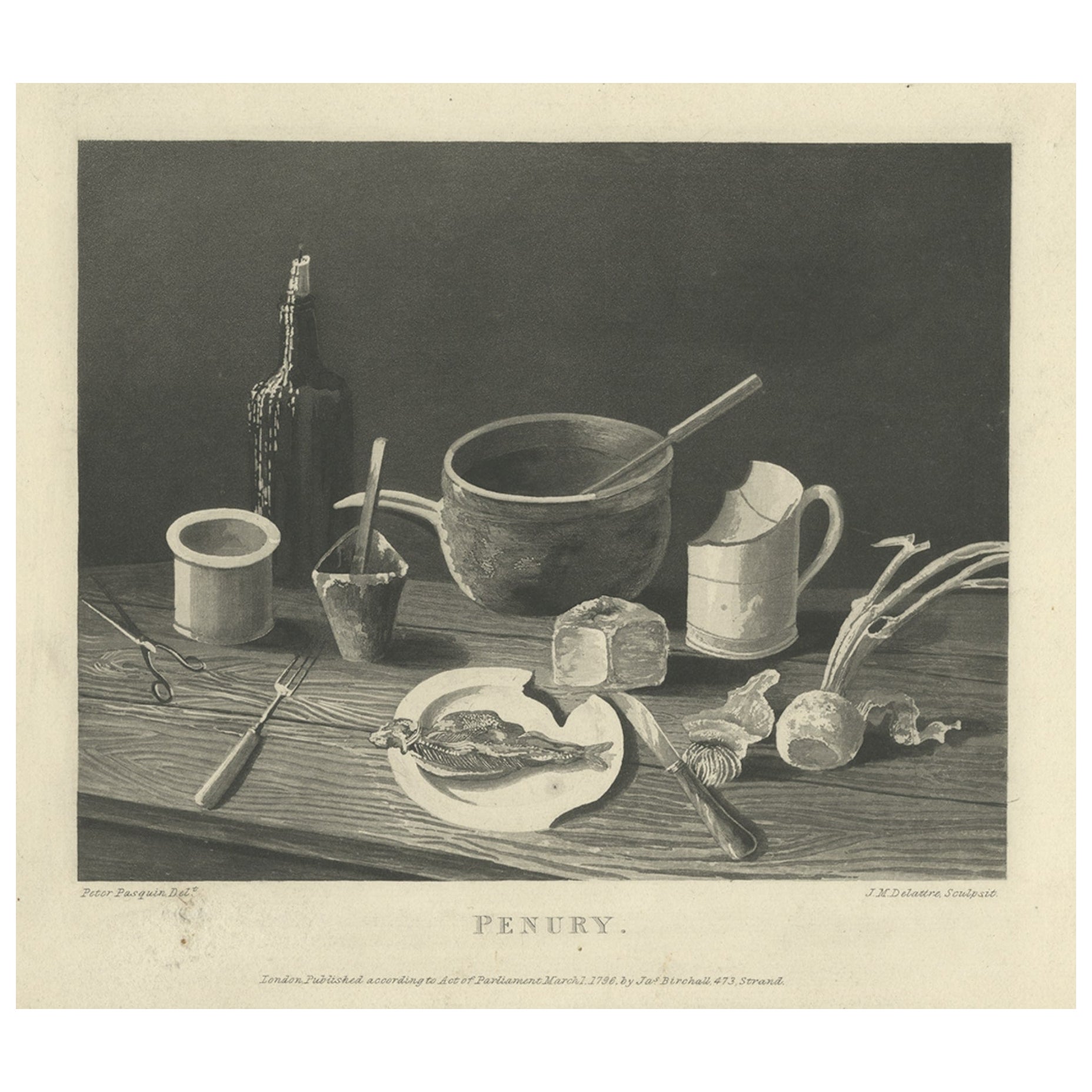 Antique Print Titled 'Penury', Depicting a Poor People's Eating Table, 1796 For Sale