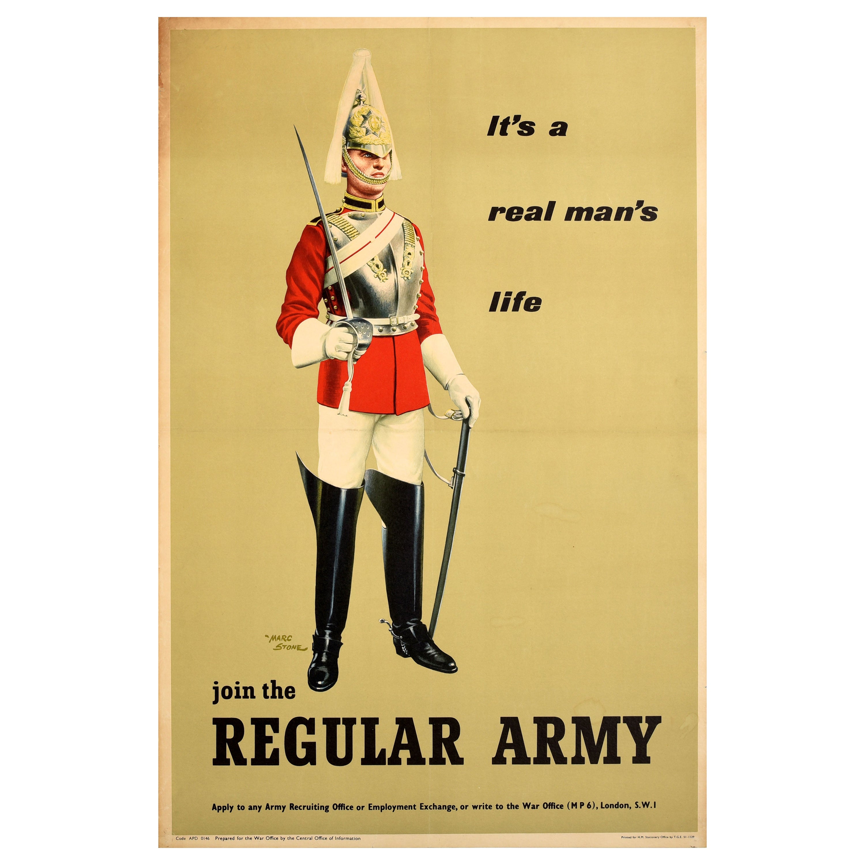 Affiche vintage originale de recrutement des Gardes royales de la vie royale de l'armée britannique, Marc Stone