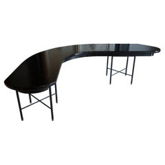 1970's Italian Curved Black Wood Writing Table, steel base with Brass Details