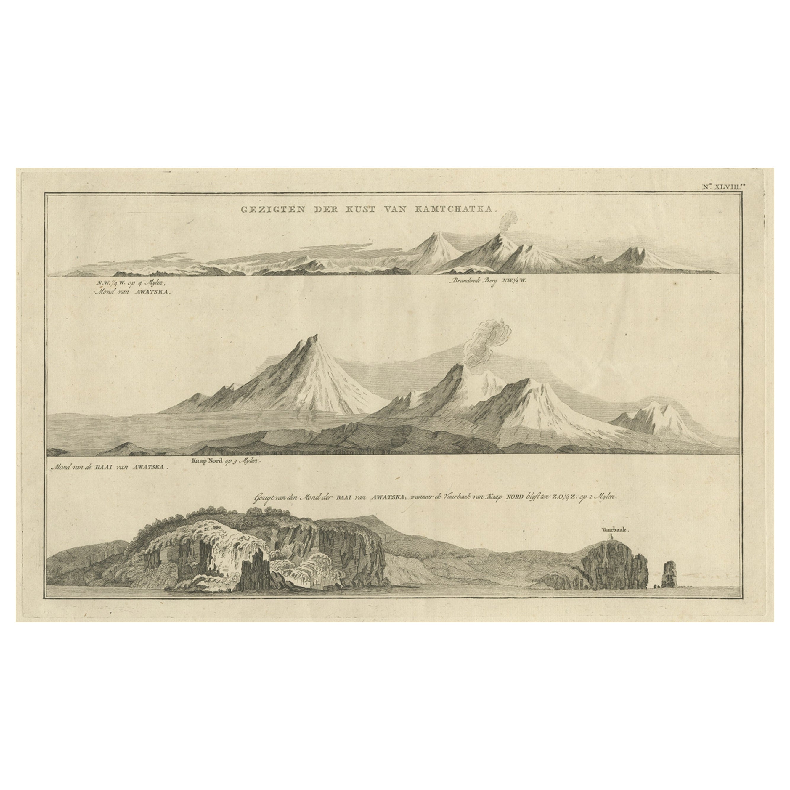 Impression ancienne avec vues côtières de Kamchatka en Russie par Cook, 1803