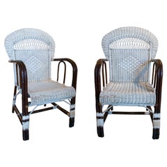 Pair of Handmade Wooden and Wicker Chairs with Armrests