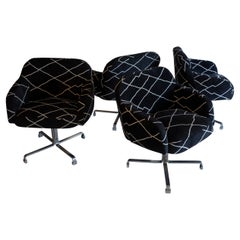 Set of 4 1970's Italian Chrome Dining Chairs Black and White Jacquard Fabric