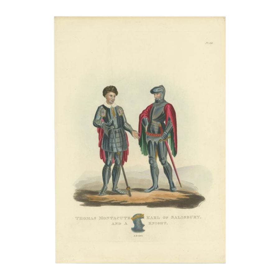 Impression ancienne colorée à la main de Thomas Montacute de Salisbury et d'un chevalier, 1842
