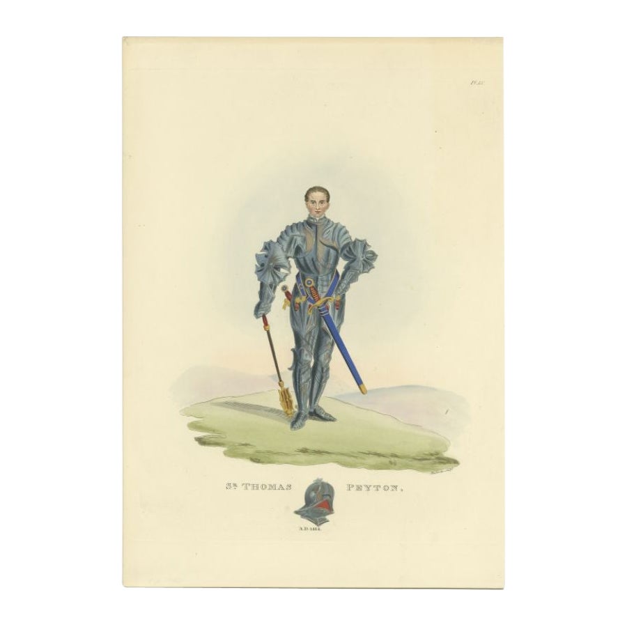 Antique Handcolored Print of Thomas Peyton in Full Armor Gear, 1842 For Sale