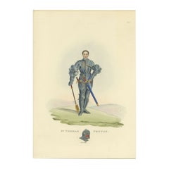 Antique Handcolored Print of Thomas Peyton in Full Armor Gear, 1842