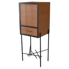 1950's Italian Bar Cabinet Wood Woven Leather Forged Iron and Brass Details