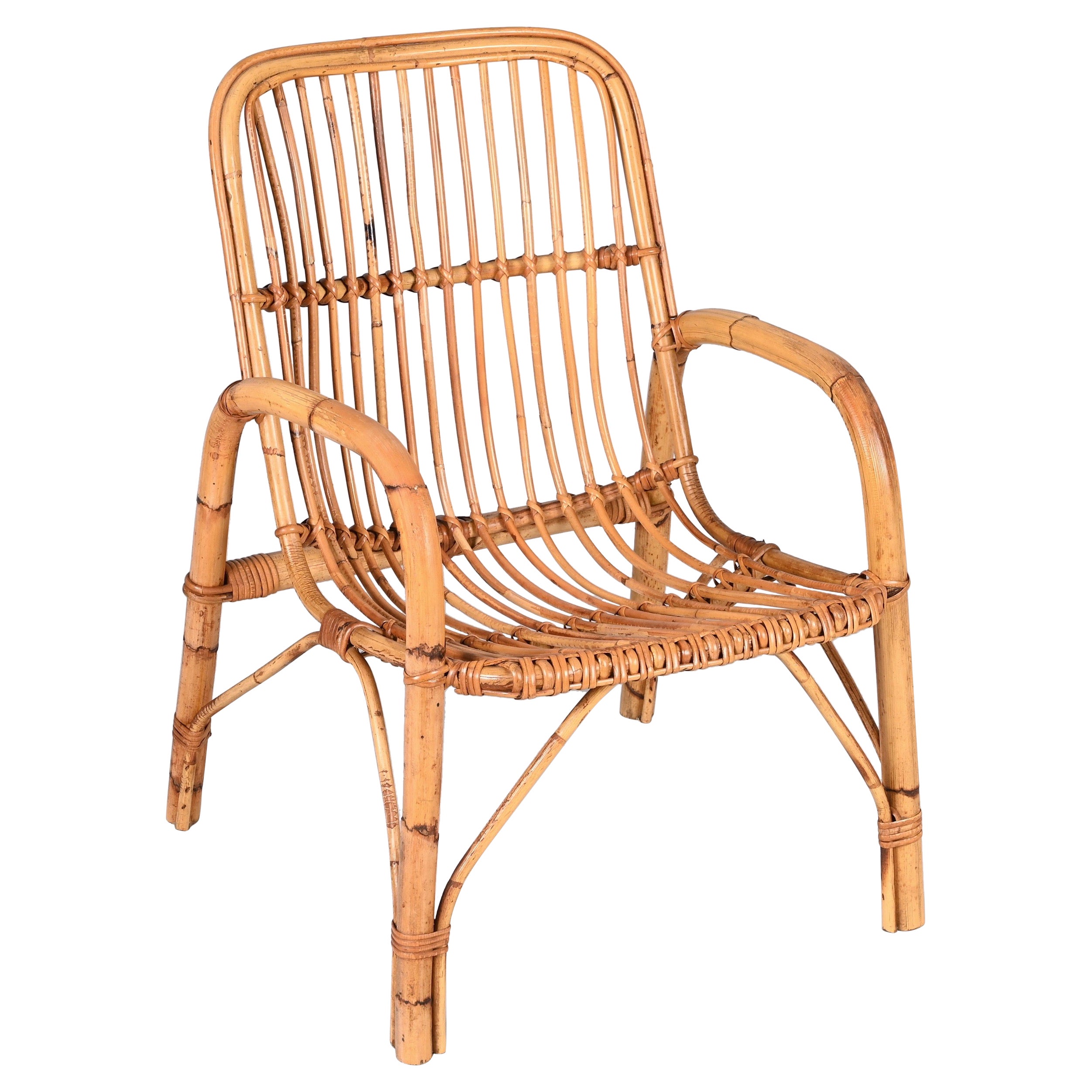 Midcentury French Riviera Rattan and Bamboo Italian Armchair, 1960s For Sale