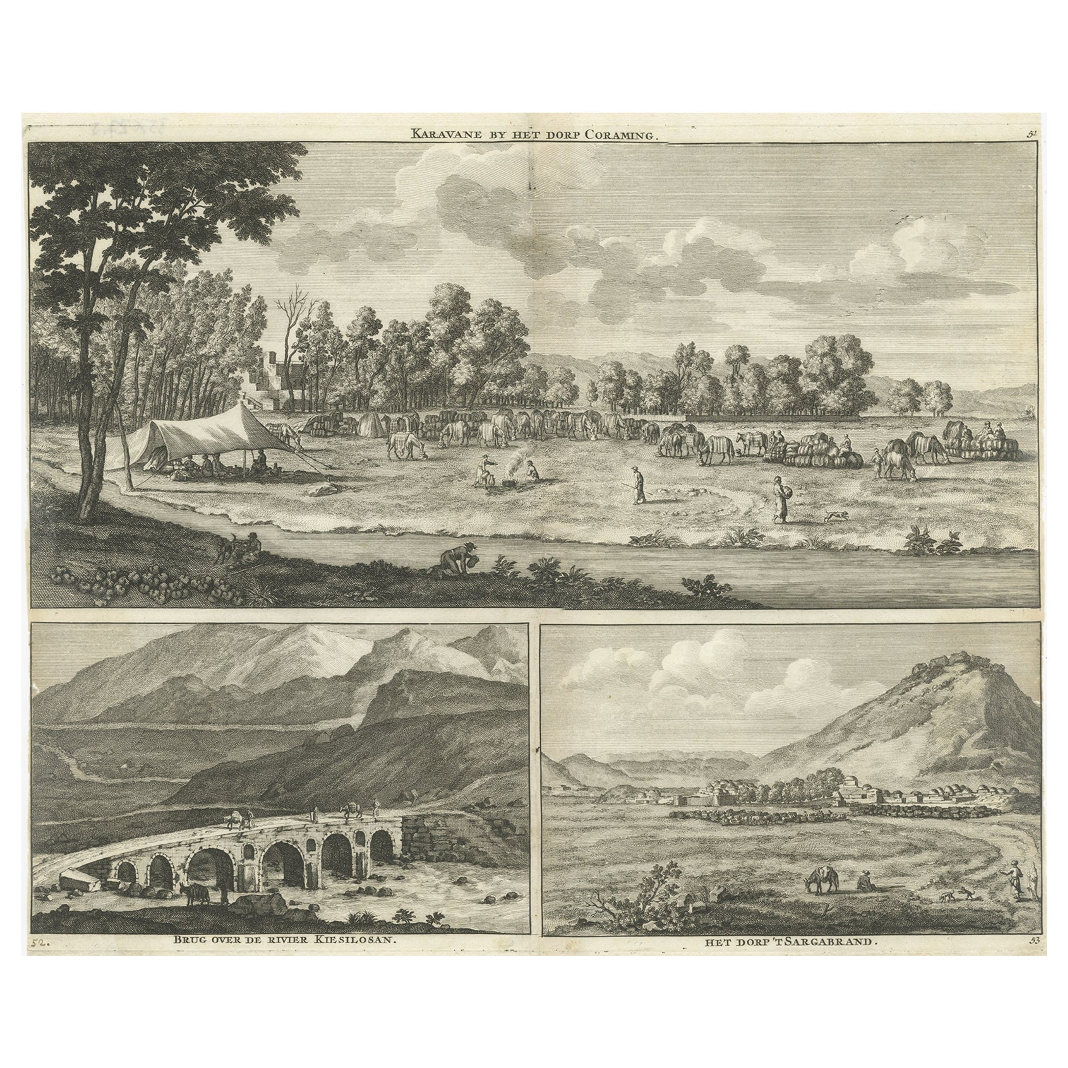 Rare Antique Engraving with Three Unique Views of Iran, 1711 For Sale